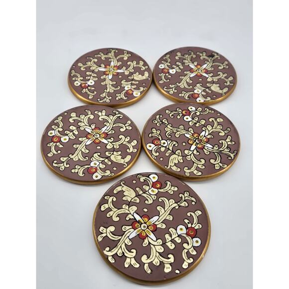 Unbranded Other - 5 MCM Vintage Florentine Style Reverse Glass Painted Coasters Wood Back